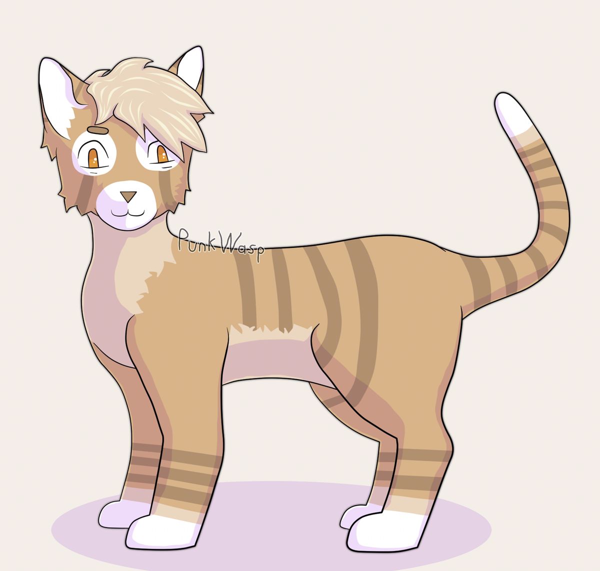 Digital art of a beige cat with orange eyes, fluffy light beige hair, and white and dark brown markings.