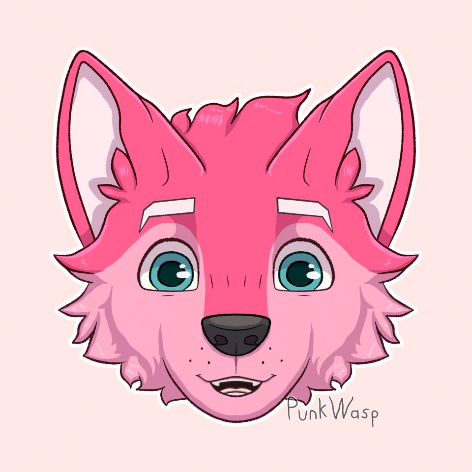 A symmetrical icon of a pink canine character with blue eyes. She seems excited.