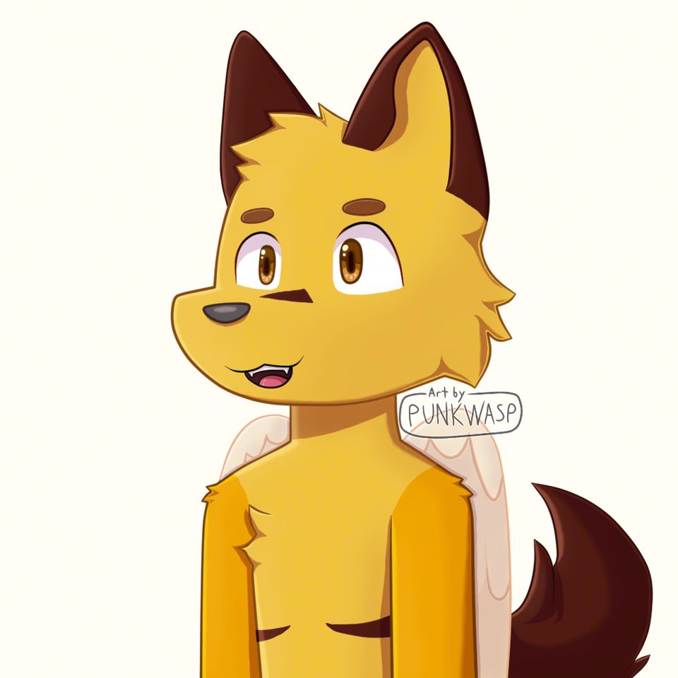 A yellow anthropomorphic canine with brown eyes and some brown markings.