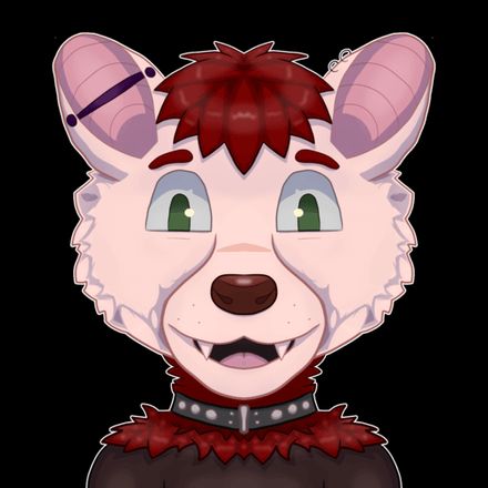 A pink anthropomorphic possum-spotted hyena hybrid with piercings, red hair, and a leather collar