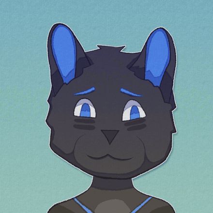 A headshot of an anthropomorphic dark grey cat with neon blue markings.