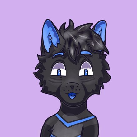 Art of my fursona Hera, a dark grey cat with neon blue markings