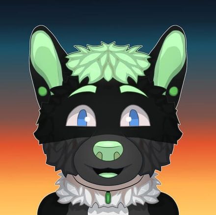 A headshot of a black and grey anthropomorphic wolf with green markings