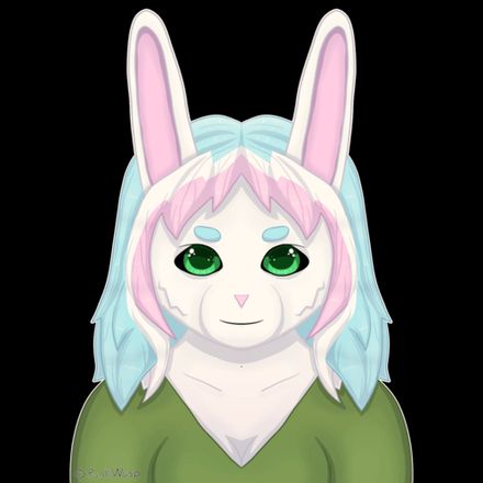 An anthropomorphic rabbit with hair in the colors of the trans pride flag and a green shirt.