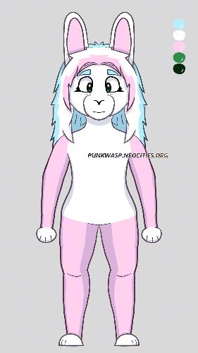 An anthropomorphic white rabbit with hair in the colors of the trans pride flag.