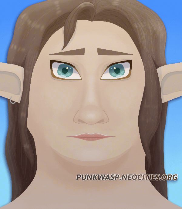 Digital art of a woman with long, wavy brown hair, pointy ears, and blue eyes.