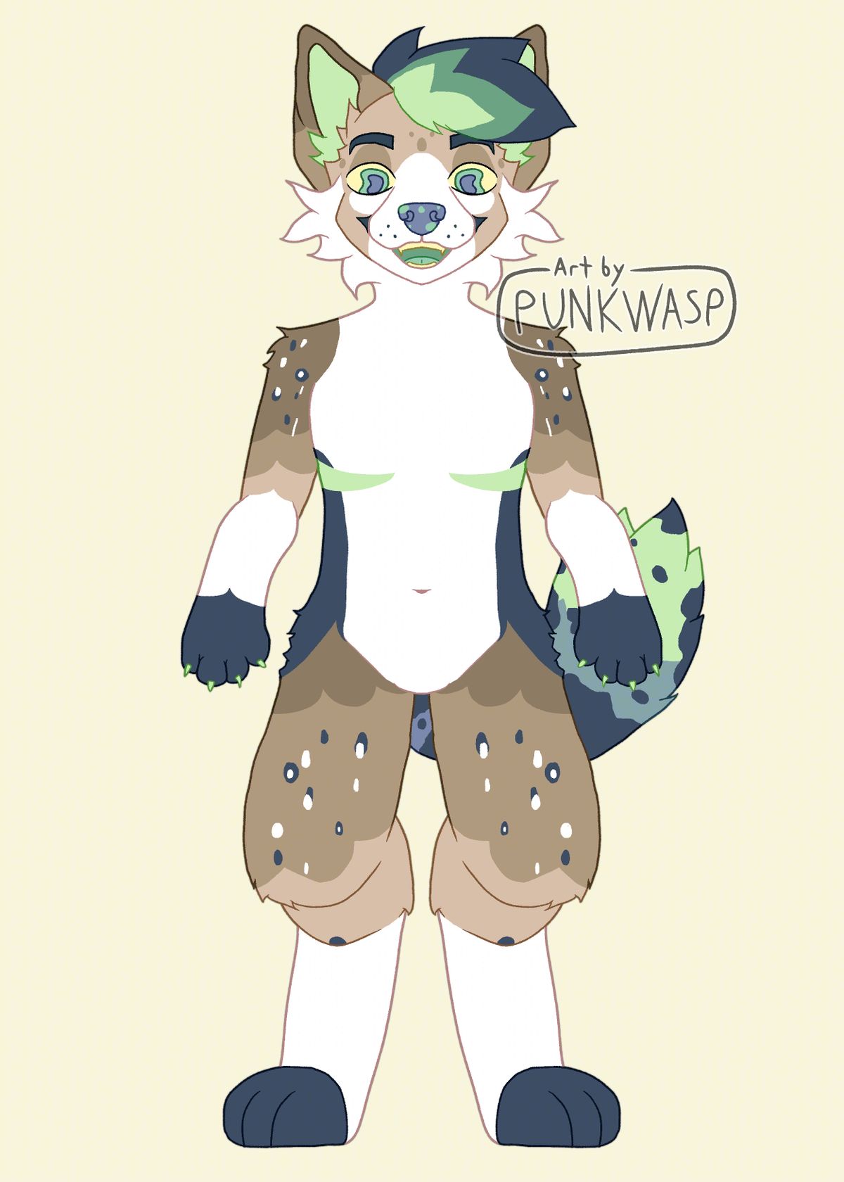 An anthropomorphic brown and white spotted canine with blue and green markings and an excited expression.