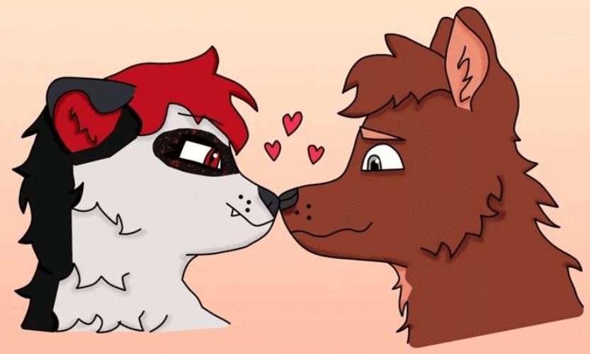 Art of my fursona Metus and my partner's fursona Nebula booping noses