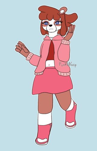 Art of an anthropomorphic panda robot-girl. She has heart-shaped pupils, blue eyes, and dark brown hair, and is wearing a pink skirt, pink hoodie, and red crop-top. It looks like she is running somewhere.