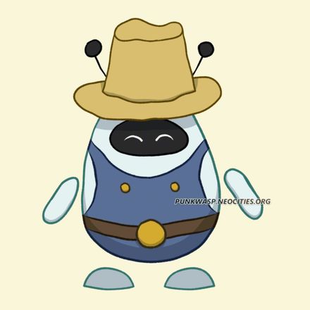 A round, light blue robot wearing overalls and a cowboy hat. It looks happy.