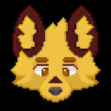 A symmetrical pixel icon of a canine with yellow and brown fur, and light brown eyes.