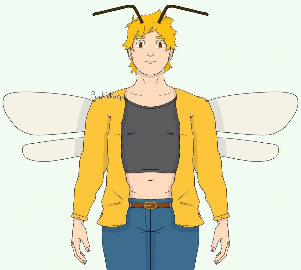 Art of a person with yellow hair, brown eyes, and wasp-like wings and antenna. They're looking directly at the viewer with a neutral expression.