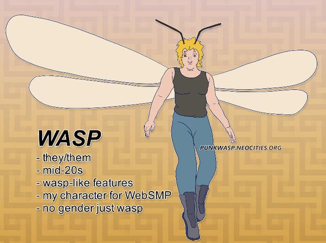 A person with short, messy yellow hair and wasp-like features, including wings and antenna. They seem to be hovering in the air somewhat and looking down. They're wearing boots, a tank-top, and plain pants. The text next to them reads, Wasp, and then, they/them, mid-20s, wasp-like features, my character for WebSMP, no gender just wasp.