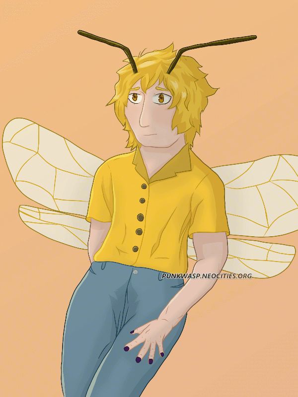 Digital art of a person with yellow hair and brown eyes, wearing a yellow button-up shirt and blue denim jeans. Their expression is neutral. They have wasp-like wings and antenna, and their fingernails are painted dark purple.